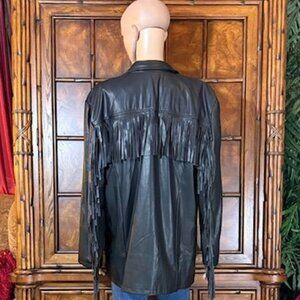 New York & Company Black Faux Leather Fringe Oversized Boho Western Blazer